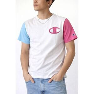 Y2K Champion Embroidered Colorblock Logo T Shirt Pink Blue Mens Small Streetwear